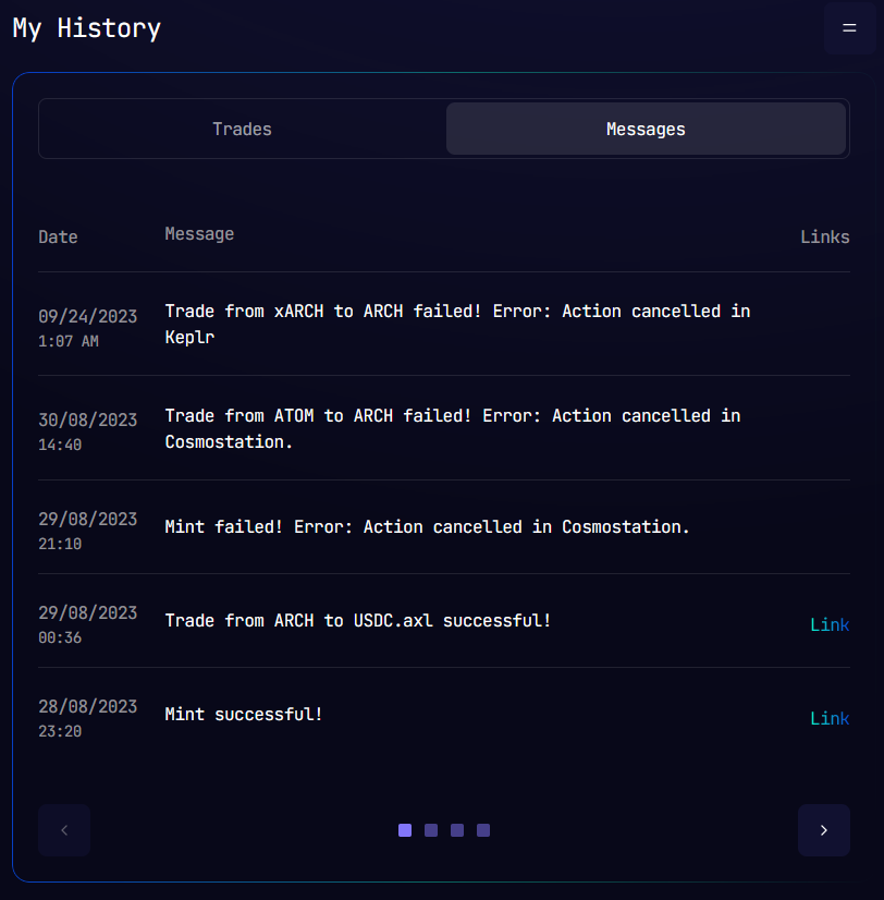 Dashboard My History Table - Messages