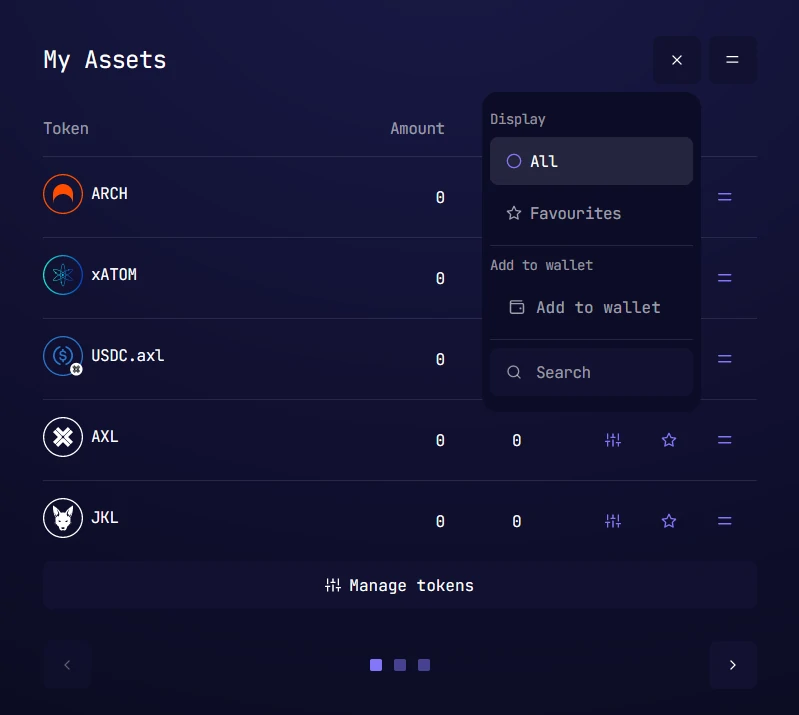 Dashboard My Assets header dropdown menu